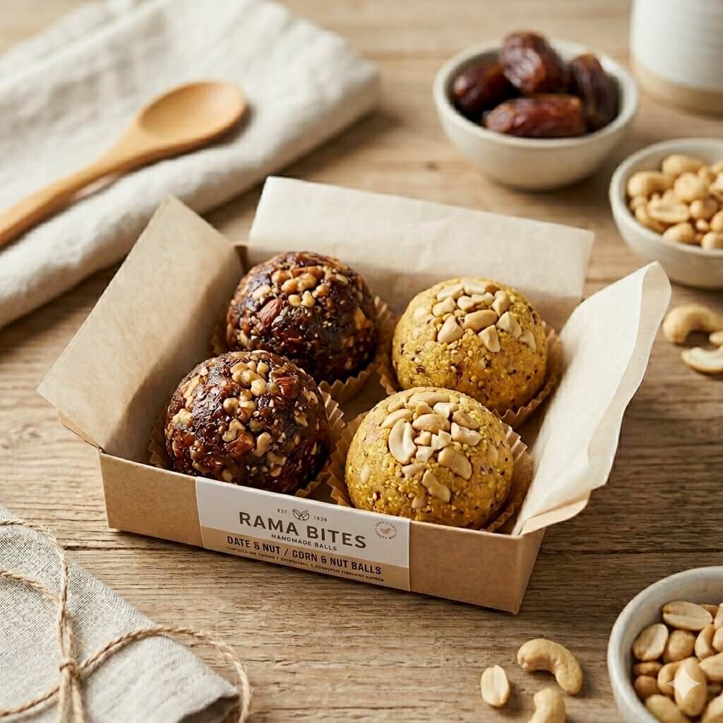 Rama Bites Laddu energy balls — handcrafted from whole dates, nuts, and seeds